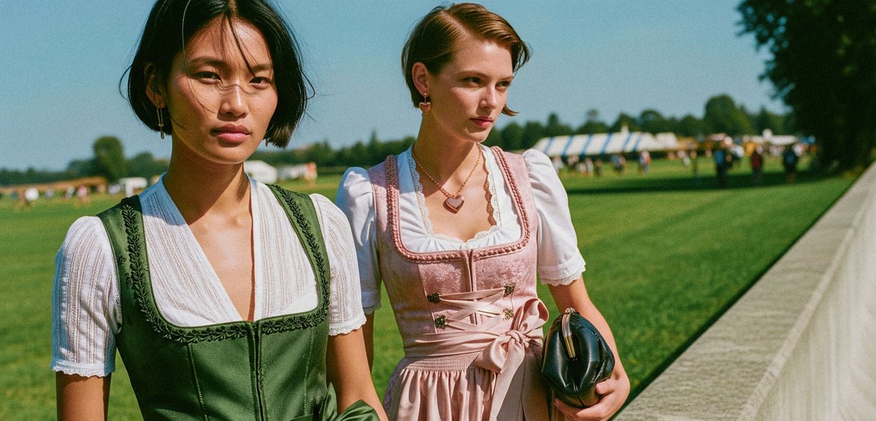 Two women in traditional Bavarian dresses; one in green with floral embroidery, the other in pink with a lace accent and a black clutch.
