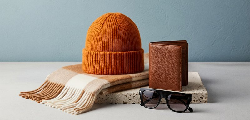 Bonnet en tricot côtelé orange, écharpe frangée beige et blanche, portefeuille en cuir marron et lunettes de soleil noires carrées, disposés sur une surface claire.