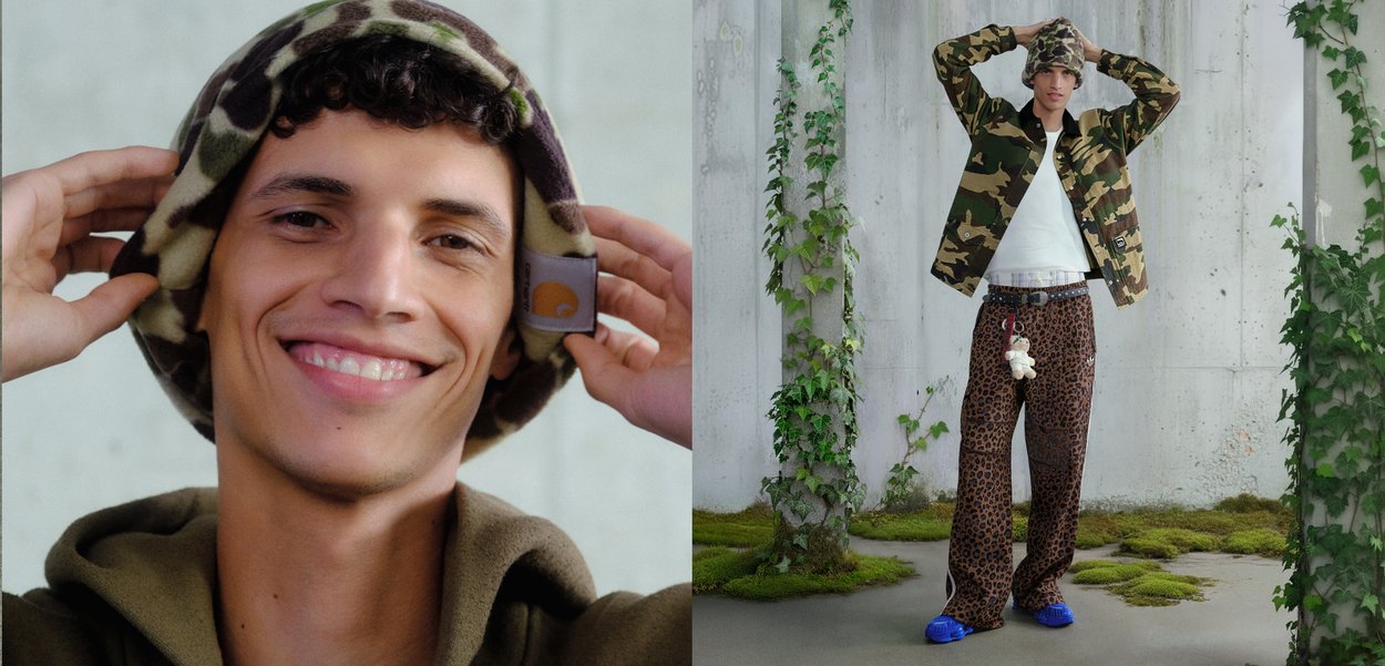 Dvi nuotraukos rodo jauną vyrą, dėvintį kamufliažinio rašto striukę ir kepurę, derančius prie leopardo rašto kelnių ir mėlynų batų.