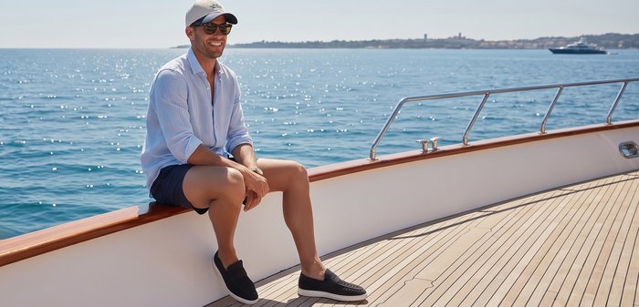 Homme avec des lunettes de soleil, une casquette et des vêtements décontractés souriant, assis sur une balustrade de bateau avec une mer calme et un ciel dégagé en arrière-plan.