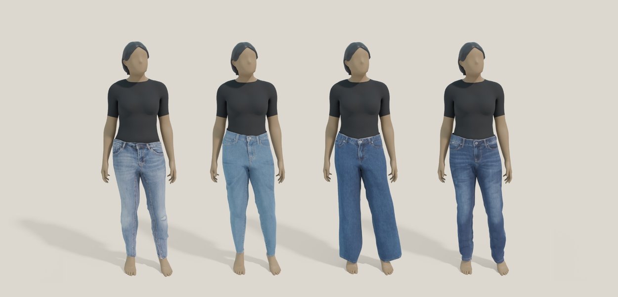 Négy 3D modell különböző stílusú kék farmerben és fekete, rövid ujjú pólóban. Változatos fazonok: skinny, egyenes, laza, széles lábú.