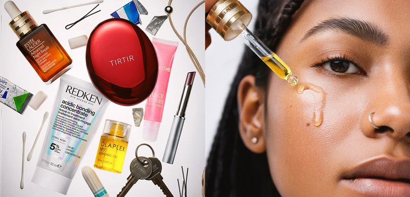 Une variété de produits de beauté comprend des sérums en verre, des tubes colorés et un boîtier rouge, avec des cotons-tiges et des clés sur un fond neutre.