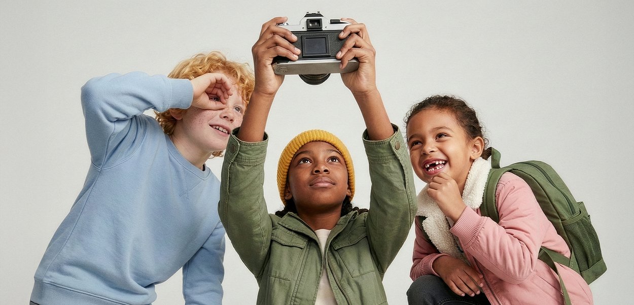 Trois enfants souriants regardant vers le haut, l'un d'eux tenant un appareil photo vintage levé pour prendre une photo sur un fond uni.