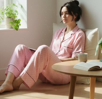 Γυναίκα με ροζ πιτζάμες με πουά, καθισμένη στο πάτωμα, ακουμπισμένη σε μαξιλάρι δίπλα στο παράθυρο, με κούπα και ανοιχτό βιβλίο σε κοντινό ξύλινο τραπέζι.