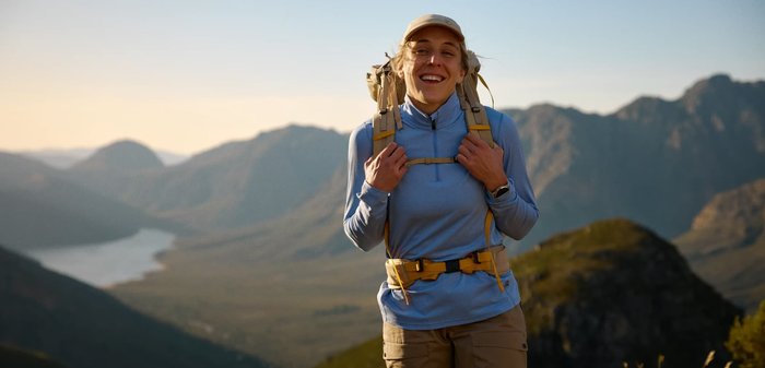 Smiling woman wearing a cap and hiking gear with backpack stands on a mountain trail with valleys and peaks in the background.