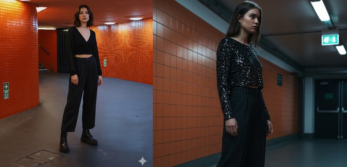 Top crop negru cu paiete, asortat cu pantaloni în dungi alb-negru, cu talie înaltă. Modelul poartă bocanci negri groși, într-un spațiu industrial.