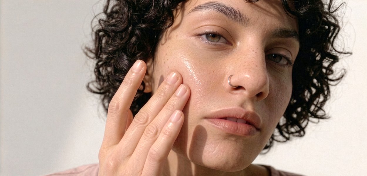 Person with curly hair gently touching their cheek, showing natural skin texture and a nose ring, in soft natural light.