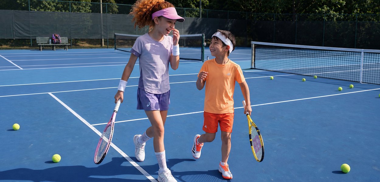 Two children with tennis rackets smiling and walking on a blue tennis court scattered with tennis balls.