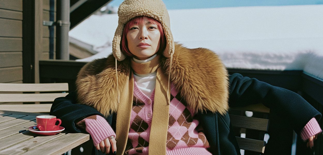 Una persona è seduta a un tavolo di legno, indossando un berretto beige foderato di pelliccia, un maglione a blocchi di colore e un gilet rosa a rombi con accenti neri e marroni.