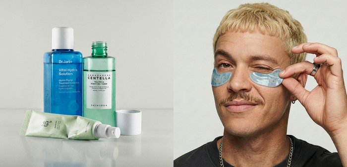 Trois produits de soin de la peau sur une table, à côté d'une personne appliquant un patch hydrogel sous les yeux et clignant de l'œil avec un léger sourire.
