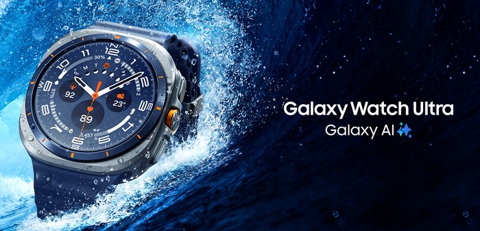 Galaxy Watch Ultra features a round, dark blue face with silver accents, waterproof design, and a silicone band. Displays various data and metrics.