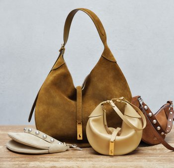 Bruine suède hobo-tas met een gebogen vorm en gouden accenten, vergezeld van een beige tasje, een ronde gouden tas en een bruine tas met parelaccenten.
