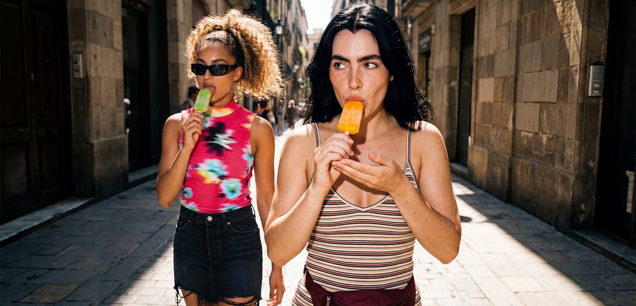 Deux jeunes femmes marchent dans une rue ensoleillée en mangeant des sucettes orange et verte, l’une portant des lunettes de soleil et un haut coloré.