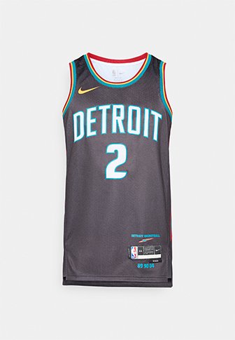 Detroitas basketbola krekls ar numuru 2 melnā krāsā ar zilu, sarkanu un dzeltenu apmali, uz kura redzami Nike un NBA logotipi.
