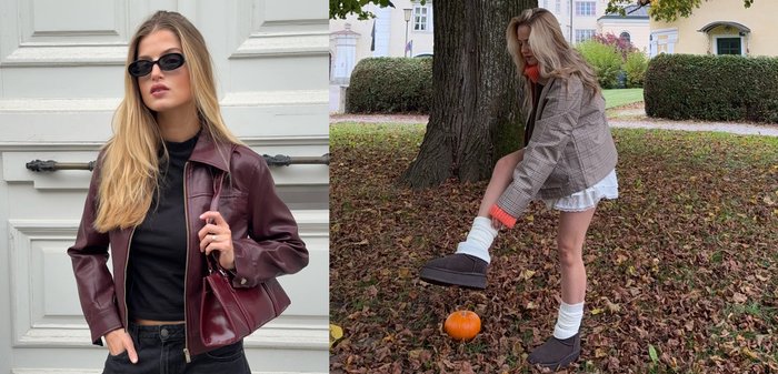 Jachetă din piele vișinie cu închidere cu fermoar, top negru și pantaloni negri. A doua imagine prezintă o jachetă cu carouri maro peste o rochie albă, cizme maro și șosete albe.