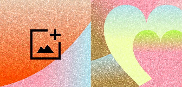 Colourful abstract graphic featuring a heart shape and geometric forms. Textured design with gradients in pink, orange, blue, and gold hues.