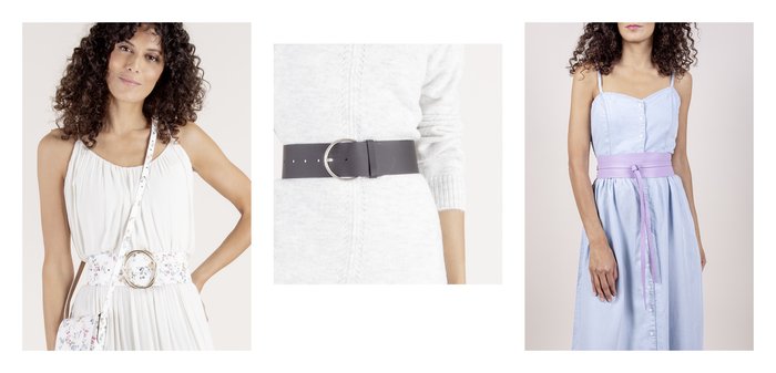 Kabelka cez rameno s kvetinovým vzorom a zlatým krúžkom. Biela splývavá šaty s naťahovacou korzetou. Svetlomodré šaty s gombíkmi a fialovým opaskom.