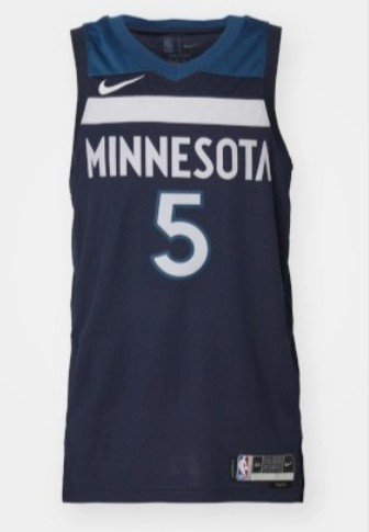 Tumesinine korvpallimärk seljakuue ja valgete triipudega, tekstiga "MINNESOTA", numbriga "5" ning NBA logo sildiga ääres. Valmistatud kerge materjaliga.