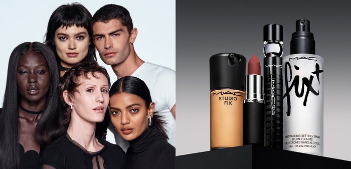 Gruppo di modelli diversificati con acconciature e tonalità della pelle varie; prodotti cosmetici MAC, tra cui fondotinta, rossetto e spray fissante in un packaging elegante.