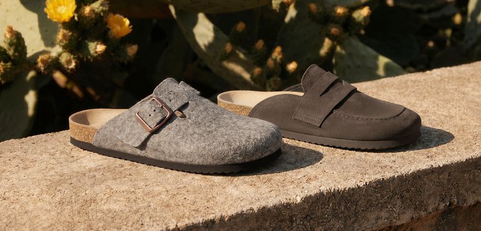 Two slip-on clogs, one gray felt with a buckle and one dark brown suede, placed on a stone ledge with cactus plants in the background.