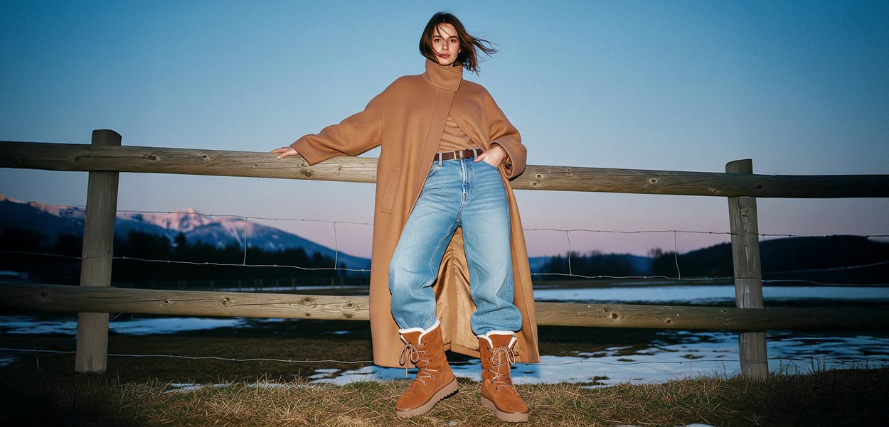 Mujer con abrigo color beige, vaqueros azules y botas marrones apoyada contra una valla de madera con montañas y un lago al fondo al anochecer.