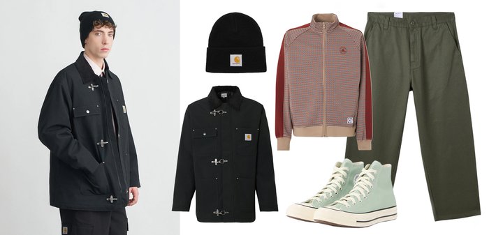 Veste imperméable noire avec accessoires argentés, veste zippée beige-rouge à motifs, pantalon vert olive, bonnet noir et baskets montantes vert clair.