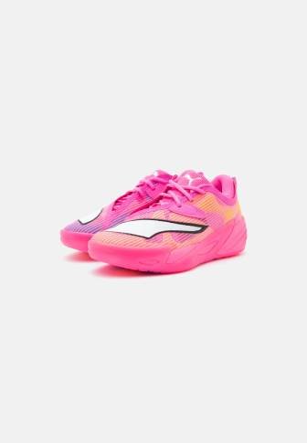 Pair of bright pink athletic shoes with white and black accents, displayed against a plain white background.