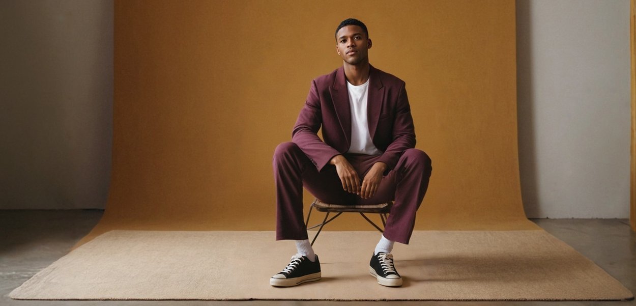Maroon suit with a white t-shirt, seated on a chair. Black sneakers with white soles, white socks. Background features a tan wall and beige rug.