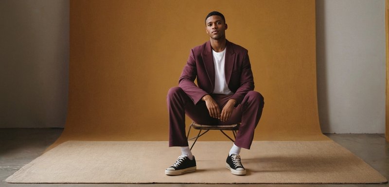 Costume bordeaux avec un t-shirt blanc, assis sur une chaise. Baskets noires avec semelles blanches, chaussettes blanches. En arrière-plan, un mur beige et un tapis beige.