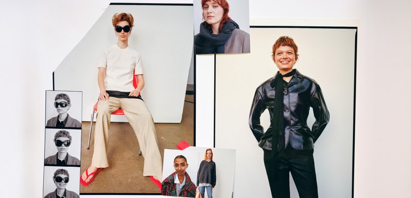 Collage de mode avec un modèle portant un haut blanc et un pantalon beige, accompagné de sandales rouges. Comprend des photos en noir et blanc et un modèle en cuir noir.