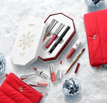 KIKO Snow-Kissed Holiday gift set with three lip products in a white octagonal box. Includes a red pouch, lipsticks, and a disco ball.