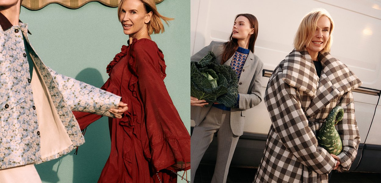 Dwie modelki prezentują różne stylizacje: kurtkę w kwiatowy wzór oraz czerwoną sukienkę z falbanami, obok czego znajduje się obszerna, w kratę peleryna.