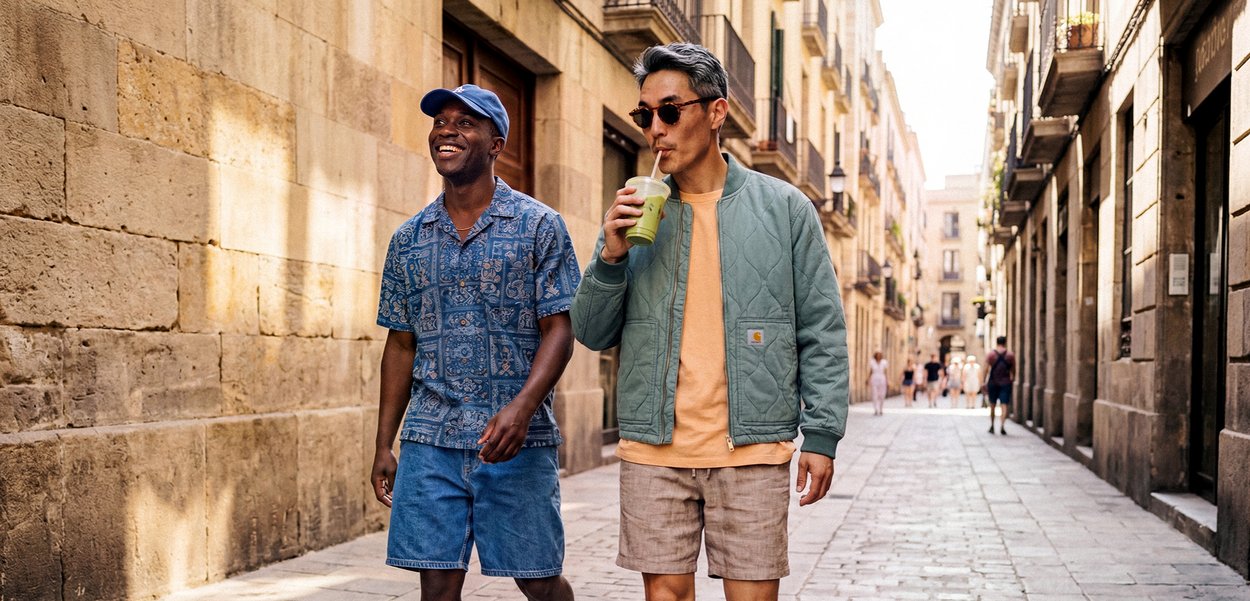 Deux hommes marchent dans une rue étroite baignée de soleil ; l’un sirote une boisson verte, l’autre sourit, portant des vêtements d’été décontractés et des lunettes de soleil.