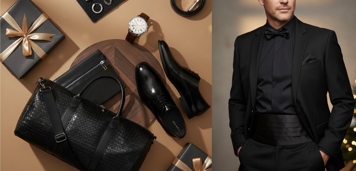 Zwart smokingjas met een satijnen vlinderdas, gestructureerde stof en pochet; voorzien van een smalle tailleband en gestructureerde schouders.