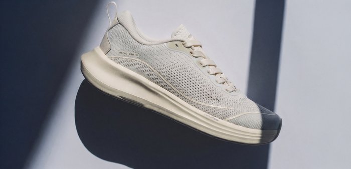 Light beige athletic sneaker with mesh upper, thick sole, lace-up design, and subtle branding, lit by soft shadows against a plain background.