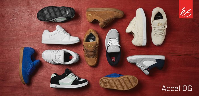 Sechs Paare Skaterschuhe in verschiedenen Farben: weiße Leder, beige Wildleder, blaue Wildleder, schwarz mit grünen Akzenten und grau. Deutliche Profilmuster sichtbar.
