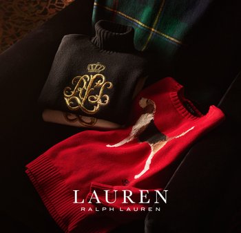 Svart genser med gullbrodert logo og krone; rød genser med hundedesign. Begge har ribbestrikkede mansjetter og en jevn tekstur.