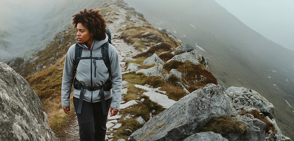 Giacca zip-up grigia chiara con cappuccio e cinturini neri, indossata sopra pantaloni scuri. Lo sfondo presenta un terreno roccioso e colline nebbiose.