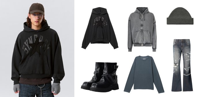 Hanorac negru cu design „SYNERGY” și stea, hanorac gri scurt, tricou cu mânecă lungă bleumarin, blugi rupți, ghete negre până la gleznă, cagulă gri.