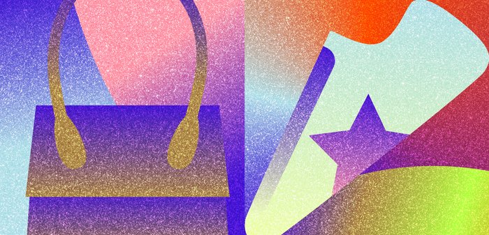 Vijolična torbica z zlatim ročajem, ob njej stiliziran športni copat s star vzorcem na pisani abstraktni podlagi.