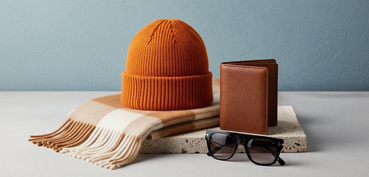 Orangen gestrickte Mütze, beige-cremefarbenes kariertes Schal mit Fransen, braune Lederbrieftasche und schwarze rechteckige Sonnenbrille auf einer hellen Oberfläche.