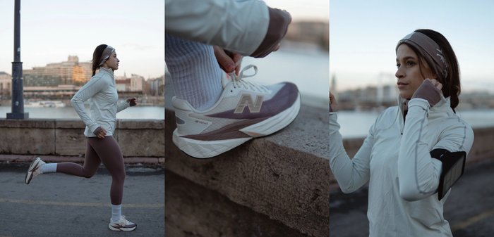Vrouw in sportkleding die rent, haar veters strikt en oordopjes gebruikt langs een waterkantpad tijdens de vroege ochtend of avond.