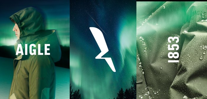 Veste imperméable verte avec capuche, poches latérales et un logo bien visible. L'arrière-plan présente des aurores et des gouttes d'eau sur un tissu texturé.