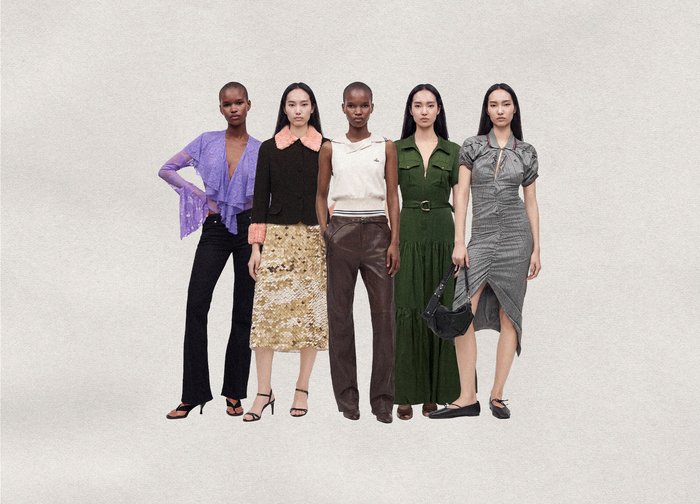 Cinq femmes diverses se tiennent côte à côte, portant des tenues modernes et élégantes dans des tons violet, noir, blanc, vert et gris sur un fond uni.