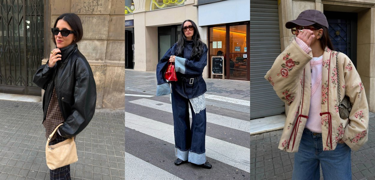Trois femmes posent sur des trottoirs urbains, portant des vestes surdimensionnées, des lunettes de soleil et des sacs à main, mettant en avant divers styles de mode de rue décontractée.