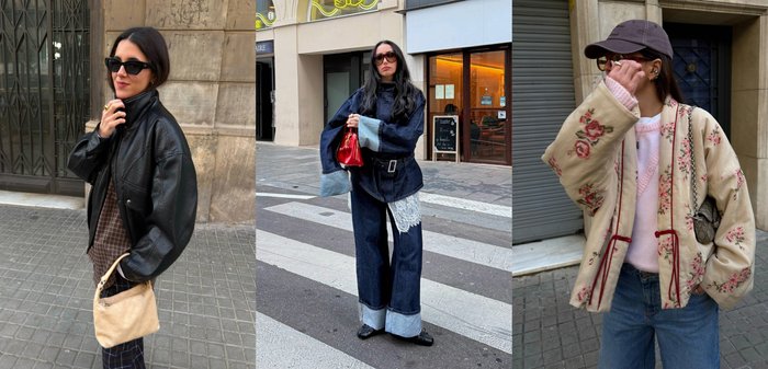 Trois femmes posent sur des trottoirs urbains, portant des vestes surdimensionnées, des lunettes de soleil et des sacs à main, mettant en avant divers styles de mode de rue décontractée.