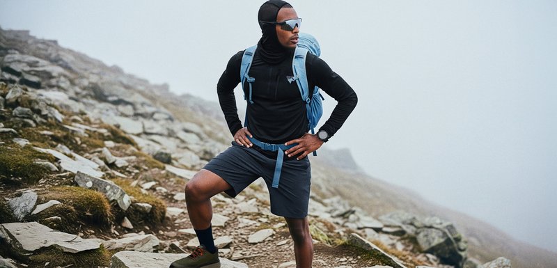 Haut noir à manches longues sportif, shorts gris, chaussures de randonnée vertes, sac à dos bleu. Lunettes de soleil portées et couvre-chef, posant sur un terrain rocheux.