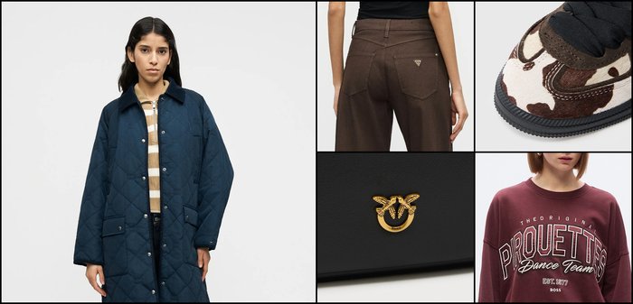 Manteau matelassé bleu marine, pull rayé, pantalon marron taille haute, baskets imprimé vache, sac noir avec logo abeille doré, sweat-shirt graphique bordeaux.