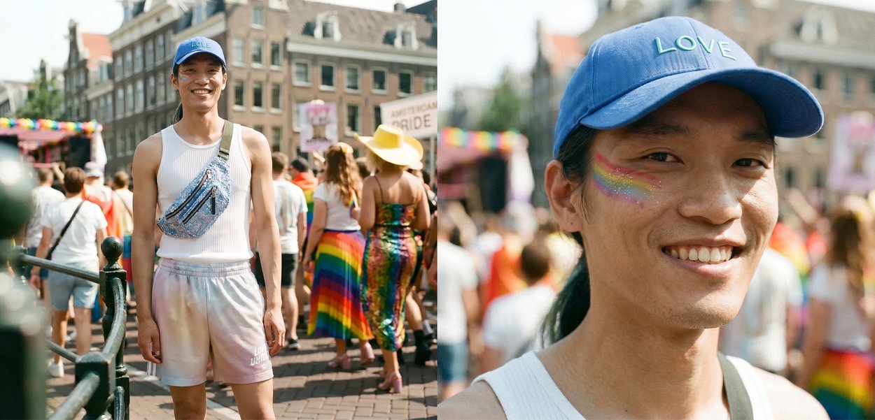 Jongere met een blauwe pet met "LOVE,", een wit hemdje en regenboog gezichtsschildering bij een openlucht prideparade in een stedelijke setting.