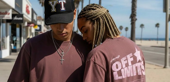 Two young people wearing matching maroon shirts stand close outdoors by palm trees and buildings, with "YOURTURN" text overlay.